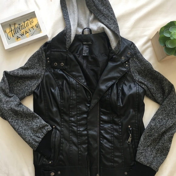 Wet Seal Jackets & Blazers - Vegan Leather Hooded Jacket (Size M)
